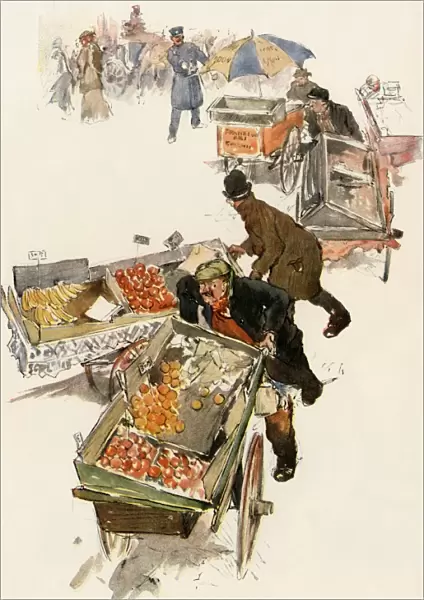 Pushcarts of fruit vendors in New York City