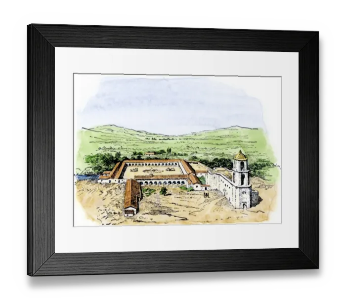 Framed Print : Typical arrangement of a Spanish colonial mission settlement in North America