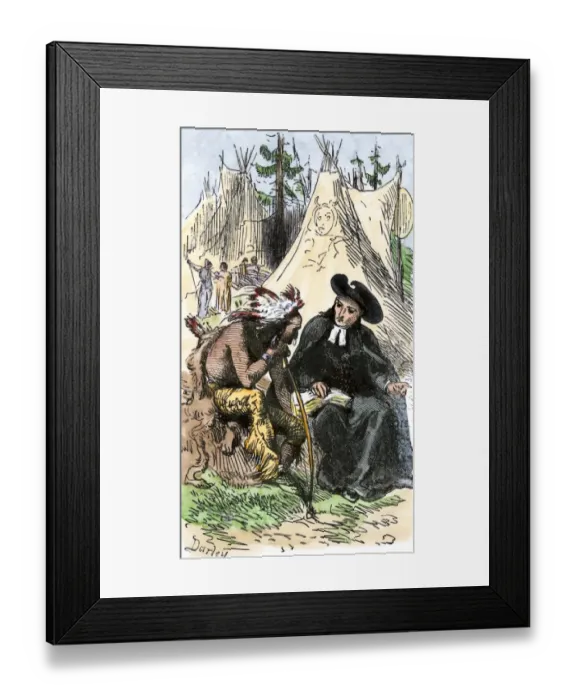 Framed Print : French Jesuit missionary in a Native American village Framed Print : French Jesuit missionary in a Native American village
