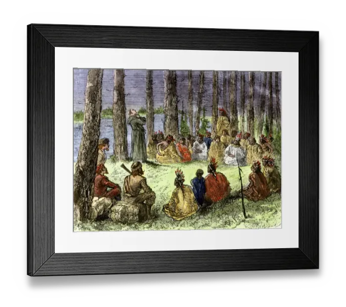 Framed Print : Jesuit missionary preaching to Native Americans Framed Print : Jesuit missionary preaching to Native Americans
