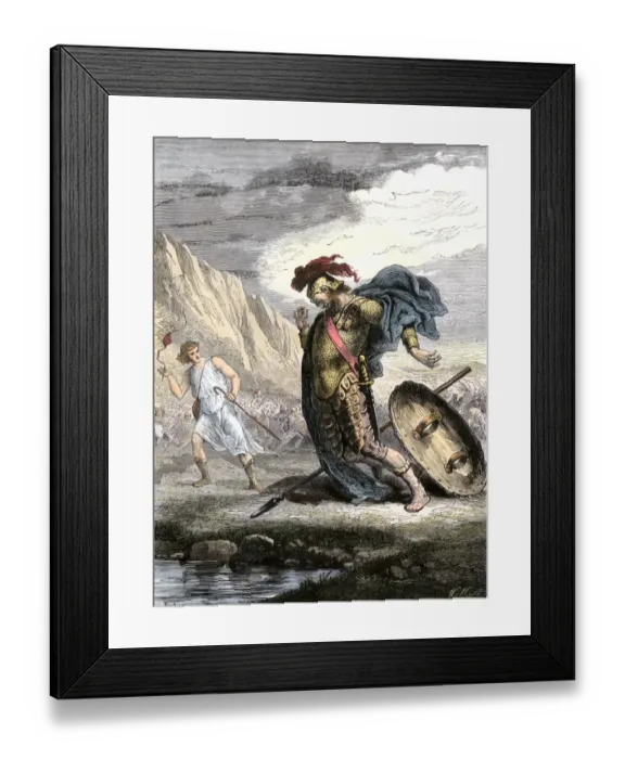 Framed Print : David using his slingshot to defeat the Philistines giant warrior Framed Print : David using his slingshot to defeat the Philistines giant warrior
