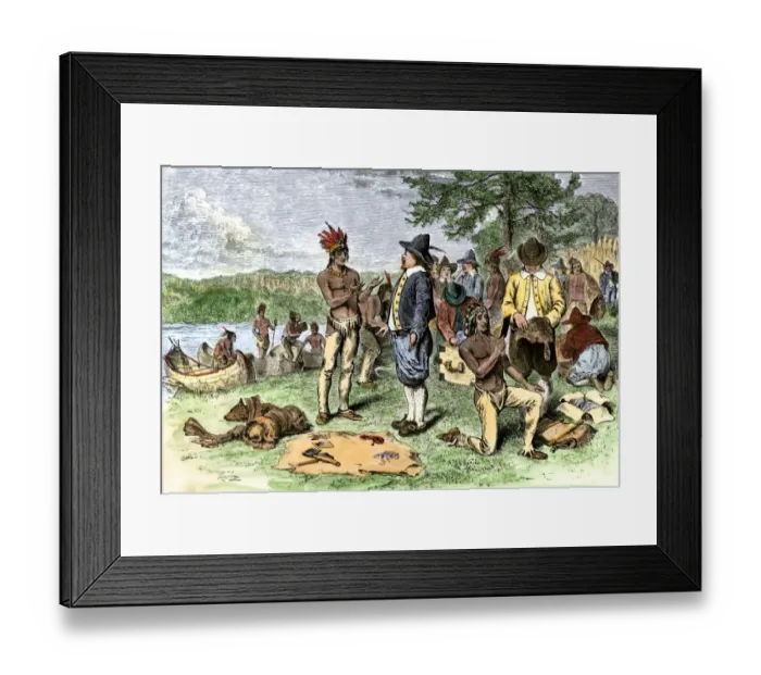 Framed Print : Dutch merchants trading with Native Americans on Manhattan Island