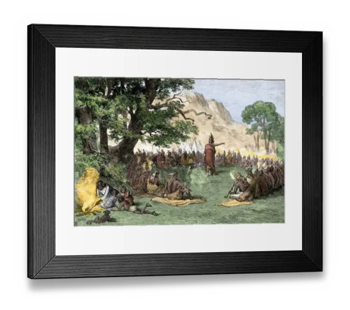Framed Print : Chief Pontiac addressing a gathering of Native Americans Framed Print : Chief Pontiac addressing a gathering of Native Americans