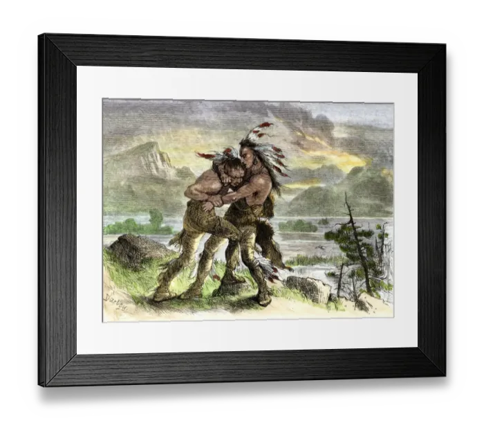 Framed Print : Hiawatha locked in combat with another Native American warrior Framed Print : Hiawatha locked in combat with another Native American warrior