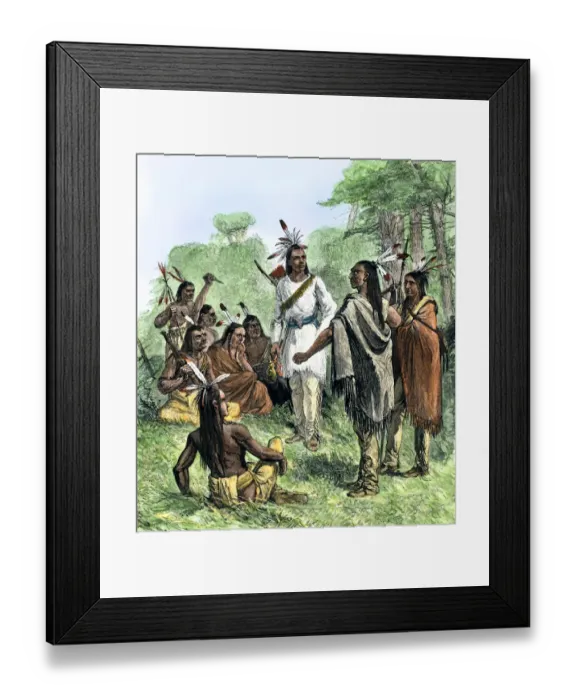 Framed Print : Chief Opecancanough arousing Native Americans against Virginia colonists Framed Print : Chief Opecancanough arousing Native Americans against Virginia colonists