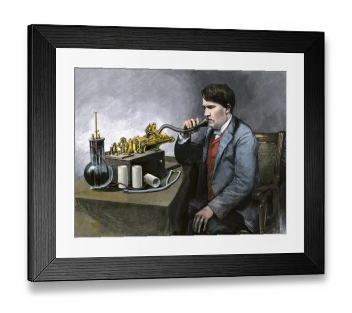 Framed Print : Thomas Edison speaking through his perfected phonograph Framed Print : Thomas Edison speaking through his perfected phonograph