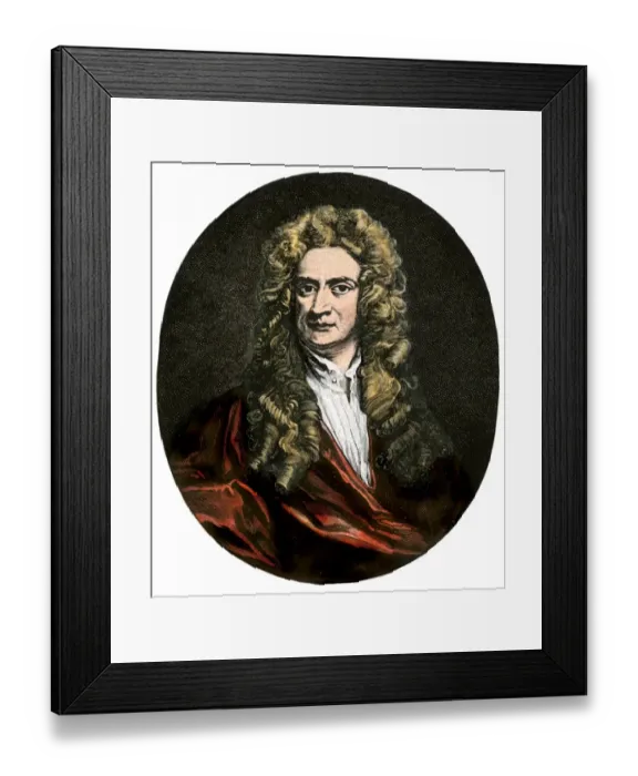 Framed Print : Sir Isaac Newton. Hand-colored engraving of a portrait by Sir Godfry Kneller Framed Print : Sir Isaac Newton. Hand-colored engraving of a portrait by Sir Godfry Kneller