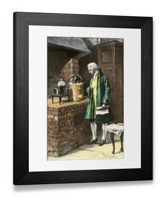 Framed Print : Antoine-Laurent Lavoisier conducting an experiment in his laboratory Framed Print : Antoine-Laurent Lavoisier conducting an experiment in his laboratory