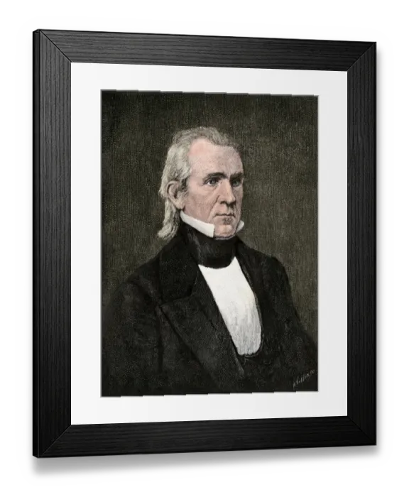 Framed Print : President James K. Polk. Hand-colored woodcut of a 19th-century portrait Framed Print : President James K. Polk. Hand-colored woodcut of a 19th-century portrait