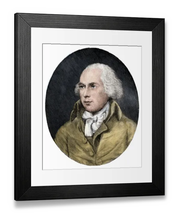 Framed Print : James Madison. Hand-colored woodcut of a portrait Framed Print : James Madison. Hand-colored woodcut of a portrait