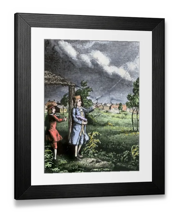 Framed Print : Benjamin Franklin flying a kite to demonstrate the electrical nature of Framed Print : Benjamin Franklin flying a kite to demonstrate the electrical nature of