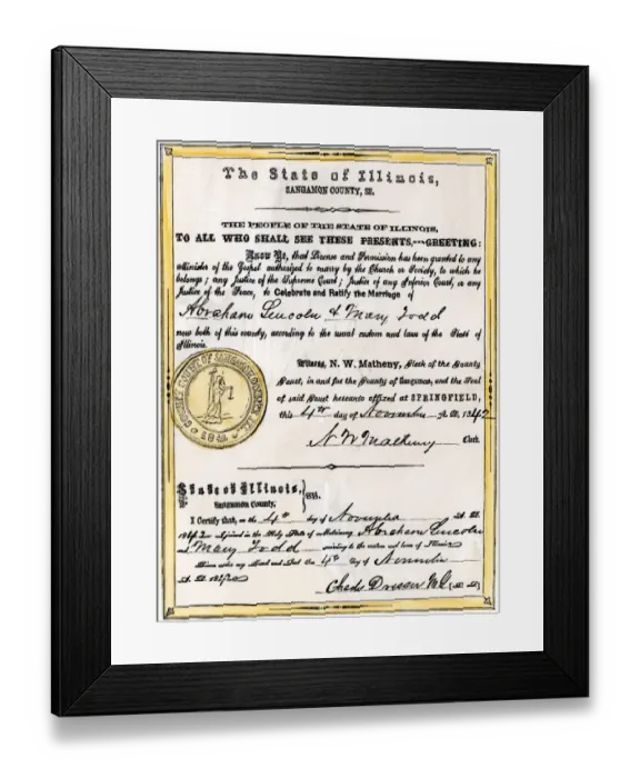 Framed Print : Marriage certificate of Abraham Lincoln and Mary Todd