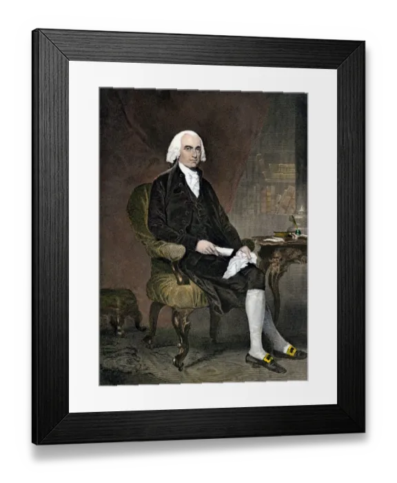 Framed Print : James Madison, seated. Hand-colored engraving of a painting Framed Print : James Madison, seated. Hand-colored engraving of a painting