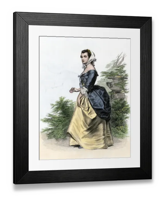Framed Print : Martha Washington in her early days Hand-colored engraving of an 18th-century