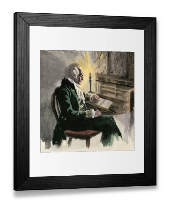 Framed Print : George Washington writing at his desk by candlelight