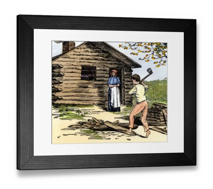 Framed Print : Young Abe Lincoln cutting wood for his mother at their Indiana log cabin