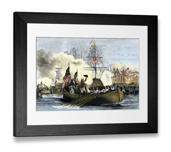 Framed Print : George Washington arrives at New York City by boat for his inauguration as Framed Print : George Washington arrives at New York City by boat for his inauguration as