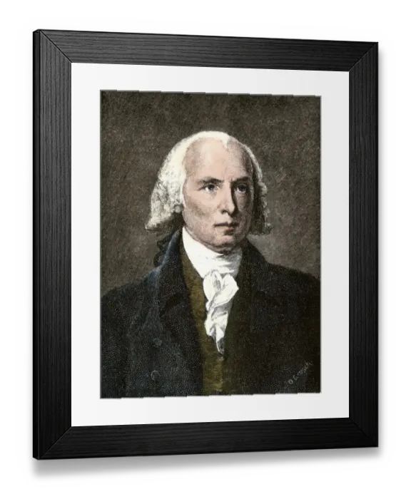 Framed Print : James Madison. Hand-colored 19th-century engraving of a Gilbert Stuart painting Framed Print : James Madison. Hand-colored 19th-century engraving of a Gilbert Stuart painting