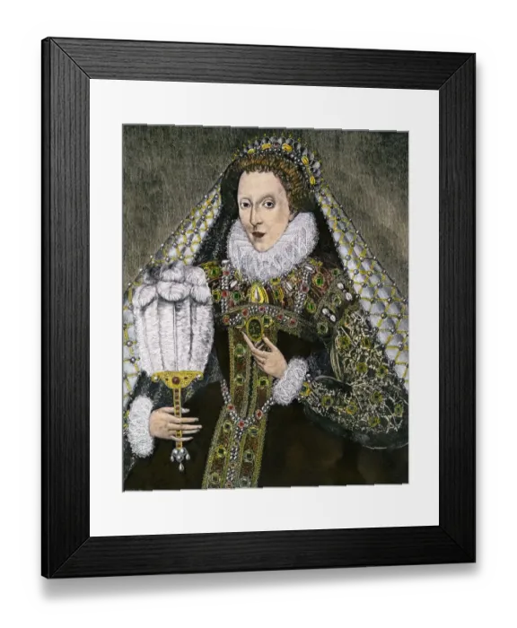 Framed Print : Queen Elizabeth I. Hand-colored woodcut reproduction of a portrait at Penshurst
