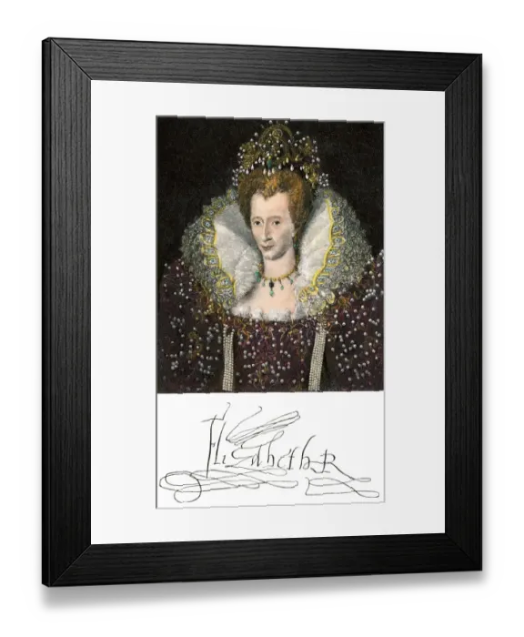 Framed Print : Queen Elizabeth I, with her signature Framed Print : Queen Elizabeth I, with her signature