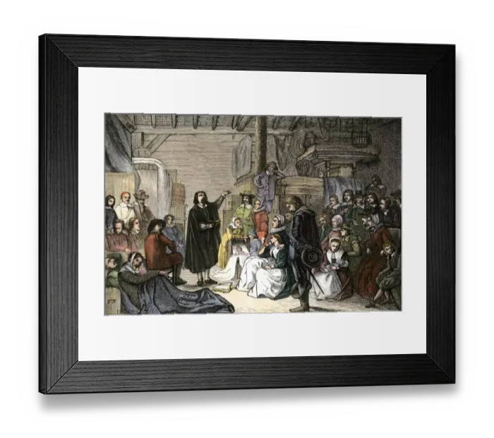 Framed Print : Pilgrims at Sunday worship, Plymouth Colony