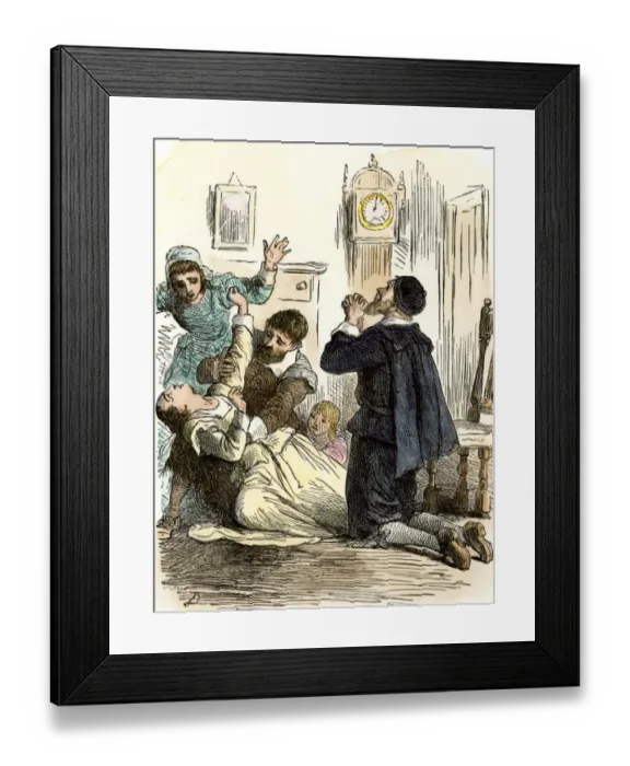 Framed Print : Praying over a suspected witch in Salem, 1690s