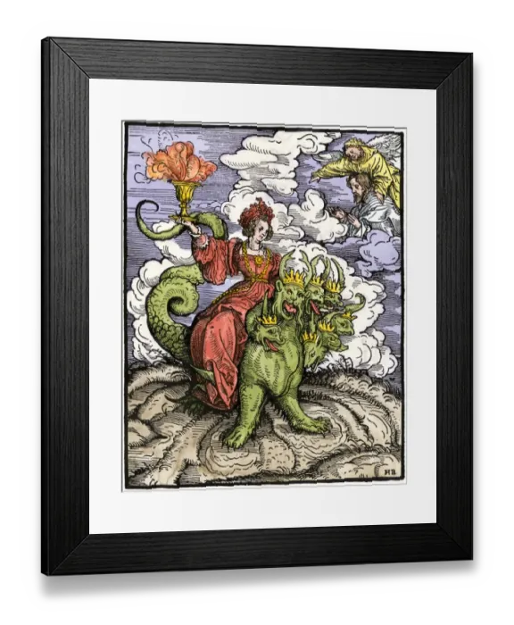Framed Print : Whore of Babylon riding the seven-headed dragon Framed Print : Whore of Babylon riding the seven-headed dragon