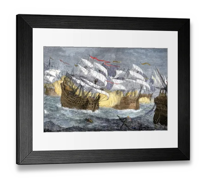 Framed Print : Seizure of Spanish treasure ships by the English fleet of Sir Francis Drake Framed Print : Seizure of Spanish treasure ships by the English fleet of Sir Francis Drake