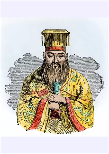 Confucius. Portrait of Confucius.. Hand-colored woodcut of a 19th-century illustration