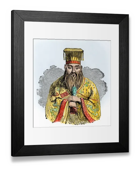 Framed Print : Confucius. Portrait of Confucius.. Hand-colored woodcut of a 19th-century illustration Framed Print : Confucius. Portrait of Confucius.. Hand-colored woodcut of a 19th-century illustration