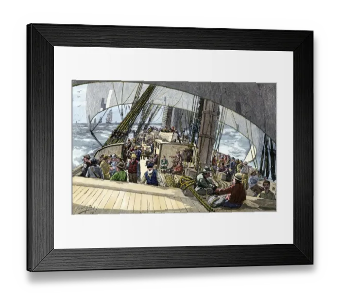 Framed Print : Gold seekers en route to the California Gold Rush on a clipper ship in fair Framed Print : Gold seekers en route to the California Gold Rush on a clipper ship in fair