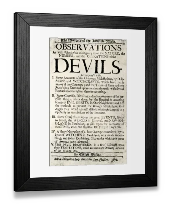 Framed Print : Cotton Mathers book on witchcraft, 1693