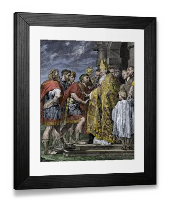 Framed Print : Bishop Ambrose rebukes Roman Emperor Theodosius I for atrocities in