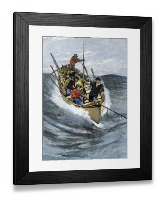 Framed Print : Nantucket sleigh-ride in which a longboat is pulled by a harpoon line lodged in Framed Print : Nantucket sleigh-ride in which a longboat is pulled by a harpoon line lodged in