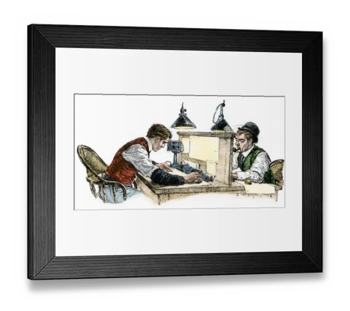 Framed Print : Railroad telegraph office, early 1900s Framed Print : Railroad telegraph office, early 1900s