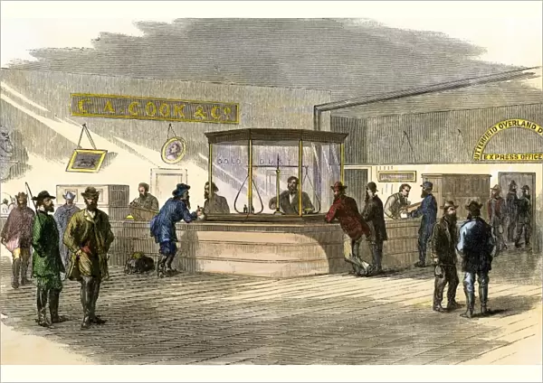 Prospectors bringing gold to a Denver bank, 1860s