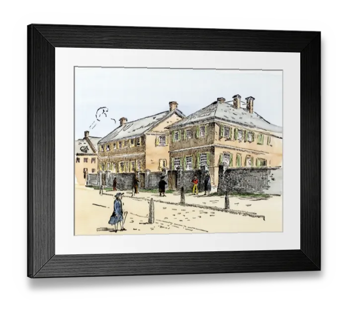 Framed Print : Quaker meetinghouse and academy, colonial Philadelphia