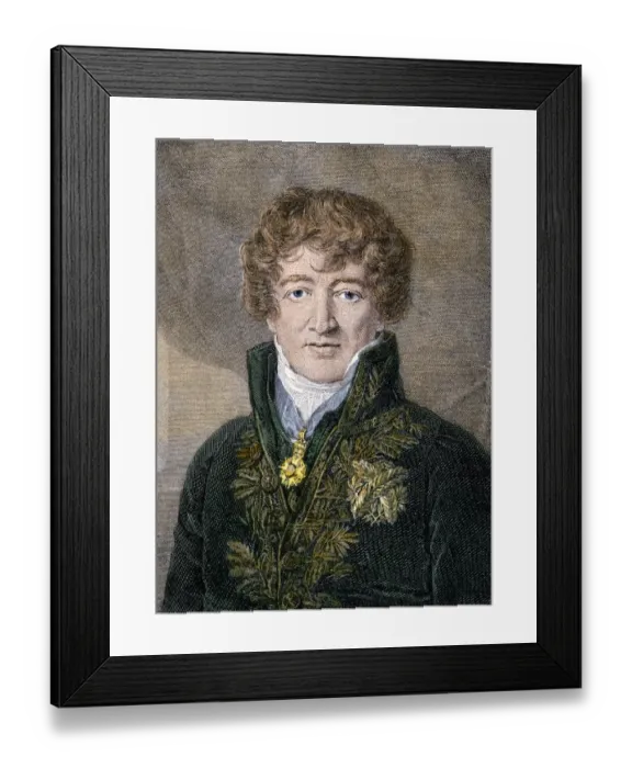 Framed Print : Georges Cuvier. Hand-colored woodcut of a portrait Framed Print : Georges Cuvier. Hand-colored woodcut of a portrait