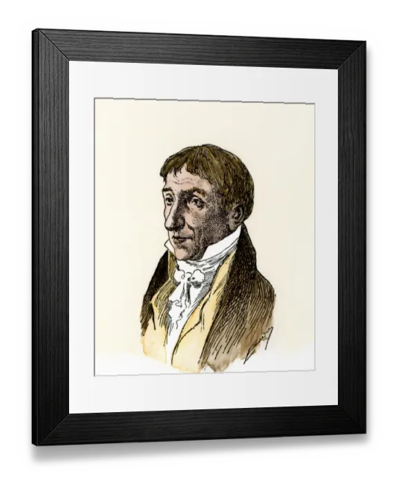Framed Print : Alessandro Volta. Hand-colored woodcut of a portrait