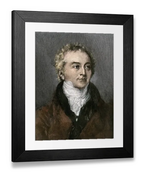Framed Print : Thomas Young. Hand-colored woodcut of a portrait