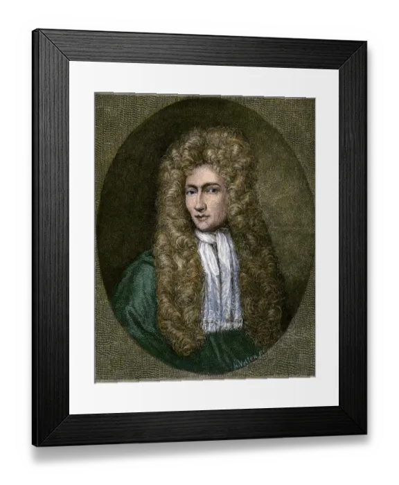 Framed Print : Robert Boyle. Hand-colored engraving of a portrait