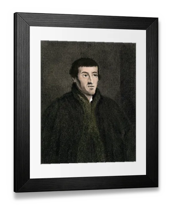 Framed Print : Nicolaus Copernicus. Hand-colored engraving of a portrait Framed Print : Nicolaus Copernicus. Hand-colored engraving of a portrait