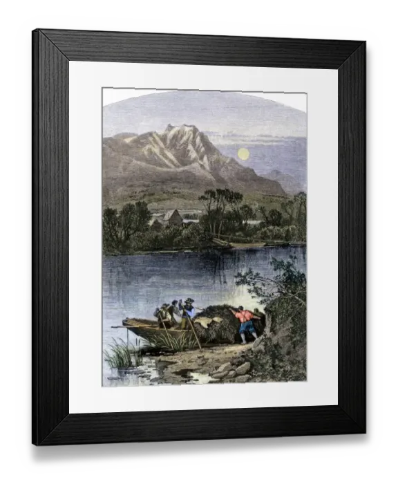 Framed Print : Fur traders boat piled high with pelts on the Bear River