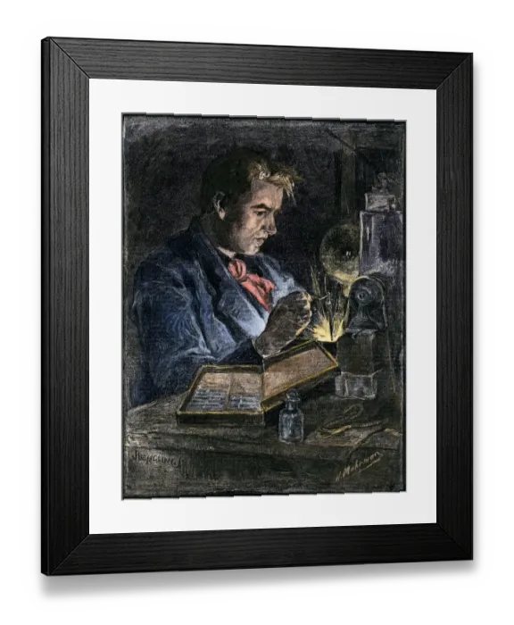 Framed Print : Thomas Edison in his workshop, 1870s Framed Print : Thomas Edison in his workshop, 1870s