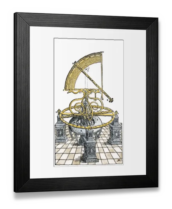 Framed Print : Tycho Brahes quadrant. Hand-colored woodcut Framed Print : Tycho Brahes quadrant. Hand-colored woodcut