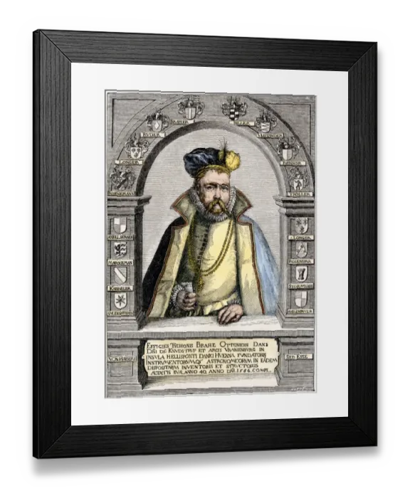 Framed Print : Tycho Brahe portrait, 1586. Hand-colored engraving Framed Print : Tycho Brahe portrait, 1586. Hand-colored engraving