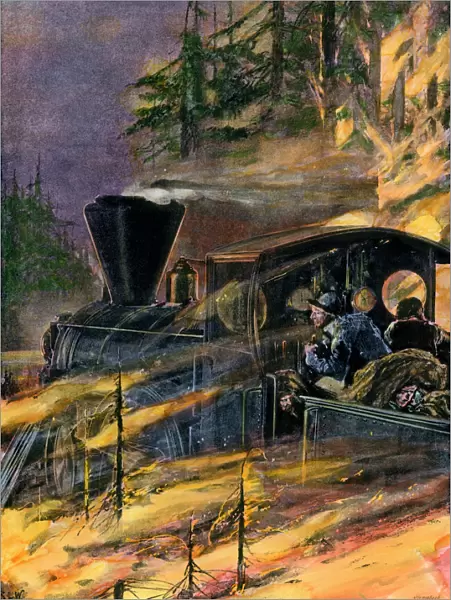 Forest fire engulfing a steam locomotive, 1890s