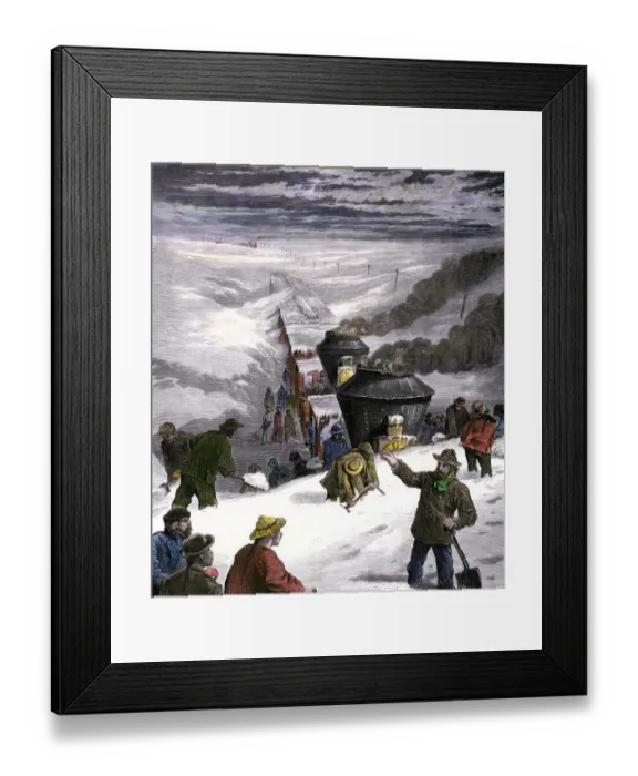 Framed Print : Blizzard halts a transcontinental train in Utah, 1870s Framed Print : Blizzard halts a transcontinental train in Utah, 1870s