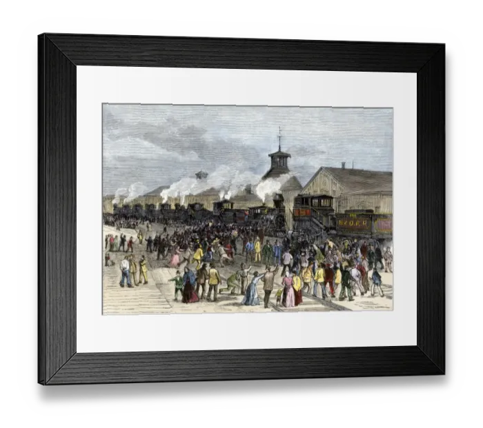 Framed Print : Great Railroad Strike workers blockade the locomotive engines at Martinsburg