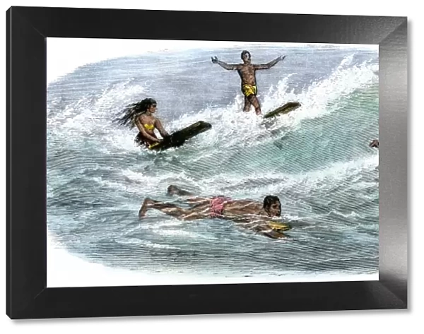 Hawaiians surfing, 1870s
